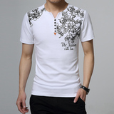 ZGTG夏季新款男士韩版宽松显瘦加肥加大码印花V领胖子半袖短袖T恤