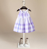 2016夏季新款欧美童装 儿童纯棉格子连衣裙 女童小孩吊带裙沙滩裙