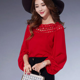 2016春夏装新款黑白红韩版时尚性感镂空灯笼袖打底衫女短款雪纺衫