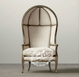 北欧新古典实木做旧单人沙发椅 法式休闲 高靠背橡木椅子蛋壳椅