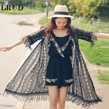 LRUD2016夏季新款韩版女装蕾丝镂空中长款防晒衫流苏宽松薄开衫
