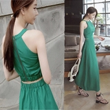 韩国女装绿色性感露背气质挂脖无袖露腰长裙修身显瘦高腰连衣裙夏