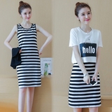 黑白条纹连衣裙套装夏韩版女学生中长款短袖印花学院风两件套裙子
