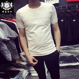 2016夏新款修身型男装圆领半袖 韩版纯色格子潮流男士短袖T恤大码