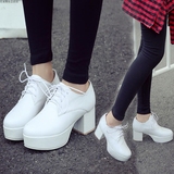 小白鞋女韩版防水台白色高跟鞋粗跟女鞋黑色真皮单鞋系带厚底秋季