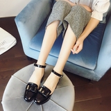 韩版时尚复古皮鞋英伦风金属面料漆皮圆头一字扣粗跟单鞋女鞋子