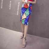 夏季新款印花欧美范抽象几何图案印花包臀半身裙高腰修身显瘦大码