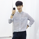 东大门韩国男装代购 16夏季薄款中长款舒适立领条纹长袖休闲衬衫