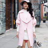 2016春装新款宽松显瘦灯笼袖七分袖双排扣气质中长款粉色风衣女