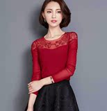 春秋新款韩版女装微弹修身长袖网纱打底衫性感蕾丝T恤上衣正品牌