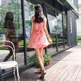 2016夏季女装新款 小香风荷叶边蓬蓬裙无袖蝴蝶结粉色雪纺连衣裙