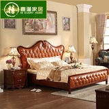 美式乡村床全实木 欧式真皮双人床橡木 大小户型卧室1.8米深色