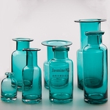 蓝色透明手工玻璃小花瓶 美式清新水培植物玻璃瓶子摆件客厅zakka