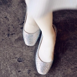 2016春季新款女单鞋平底平跟水晶鞋圆头水钻银色韩版芭蕾舞鞋真皮
