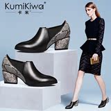 KumiKiwa2016秋冬新款真皮拼色单鞋女性感蛇纹高跟鞋尖头粗跟女鞋