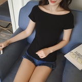 新款韩版黑色一字领露肩上衣短袖纯色T恤女性感夏装打底衫女装潮
