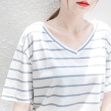 夏季女装韩国版学生简约清新休闲横条纹印花宽松短袖V领纯棉tT恤