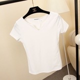 韩版棉质简约小v领白色短袖t恤女上衣夏季新款修身显瘦纯色打底衫