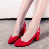 KumiKiwa2016秋新款红色漆皮尖头高跟鞋浅口粗跟单鞋女工作鞋女鞋