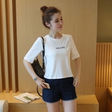 韩版夏装宽松学生简约短袖T恤女刺绣字母半袖高腰短款百搭上衣服