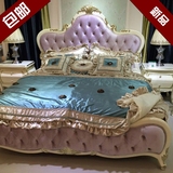 欧式实木双人床美式双人实木雕花奢华软靠布艺床婚床公主床粉红色