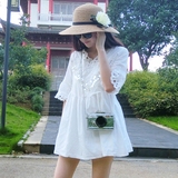 韩国V领镂空蕾丝亮片海边度假短裙沙滩裙喇叭袖棉麻衬衫衬衣裙女