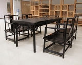 老榆木餐桌餐椅新中式实木茶桌茶椅黑漆做旧餐厅成套家具茶楼会所
