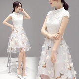 2016新款女装夏装韩版修身高腰连衣裙中裙女蕾丝短袖旗袍欧根沙