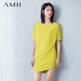 Amii2016春装新款 艾米女装圆领斜下摆大码短袖女士裙子连衣裙夏
