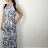 欧美原单外贸古典优雅显瘦直筒青花瓷撞色印花连衣裙超长裙有大码