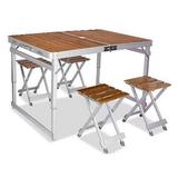 户外折叠桌子一桌四椅折叠便携铝合金餐桌折叠桌椅 楠竹面一桌四