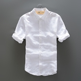 AAHH春夏季男士休闲薄款亚麻长袖白衬衫修身纯色七分卷袖棉麻衬衣
