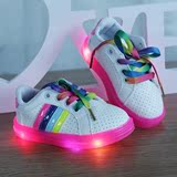 秋季新款LED亮灯鞋彩虹鞋带小白鞋板鞋童鞋女童跑步鞋男童运动鞋