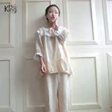 韩国2016春季女士长袖纯棉绉纱蕾丝花边可爱公主睡衣套装女家居服