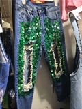 2016夏季欧街拍时尚个性绿色亮片乞丐膝盖大破洞毛边九分牛仔裤女