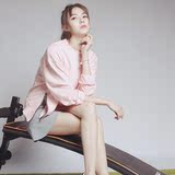 韩版新款春秋装宽松减龄下摆开叉高腰套头马卡龙短款粉色卫衣女潮