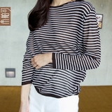 市舶司 韩国女装2016夏装新款圆领条纹薄款长袖T恤RE1083