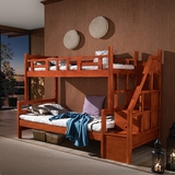 中式现代实木床 儿童双层床橡木直梯带抽屉高低床 子母床上下铺
