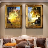 欧式古典山水风景油画竖幅手绘客厅双联玄关过道走廊有框画招财鹿