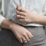 chiclife925纯银韩国唯美复古戒指天然蓝绿松石黑玛瑙开口指环女