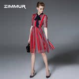 ZIMMUR2016夏季新款女装围巾领五分袖气质修身条纹印花连衣裙中裙
