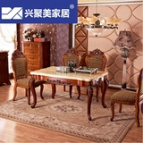欧式天然大理石餐桌椅子异性大理石台面美式纯实木雕花餐桌椅组合