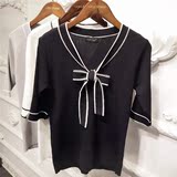 夏季韩版套头领带冰丝圆领假两件蝴蝶结中袖T恤女上衣学生针织衫