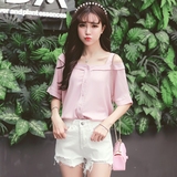韩国夏季新款清新百搭一字领吊带衬衫女2016甜美宽松短袖露肩上衣