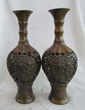 古董 古玩 老铜器 收藏 大清御制 和合二仙镂空花瓶一对 收藏佳品