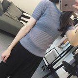 韩国修身显瘦圆领性感网纱t恤上衣女 2016夏装新款竖条纹透视短袖