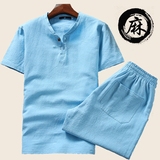 【天天特价】中国风复古亚麻t恤套装男士夏季棉麻套装青年男装潮