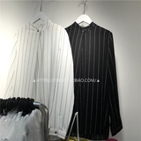 韩国2016春装新款FINOA正品长袖竖条纹立领黑白简约直筒雪纺衬衫