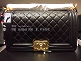 [现货]美国代购Chanel香奈儿经典黑色牛皮Boy包中号25cm做旧金链