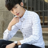 男士衬衫男长袖薄款格子寸衫韩版修身型休闲青年流行男装秋季衬衣